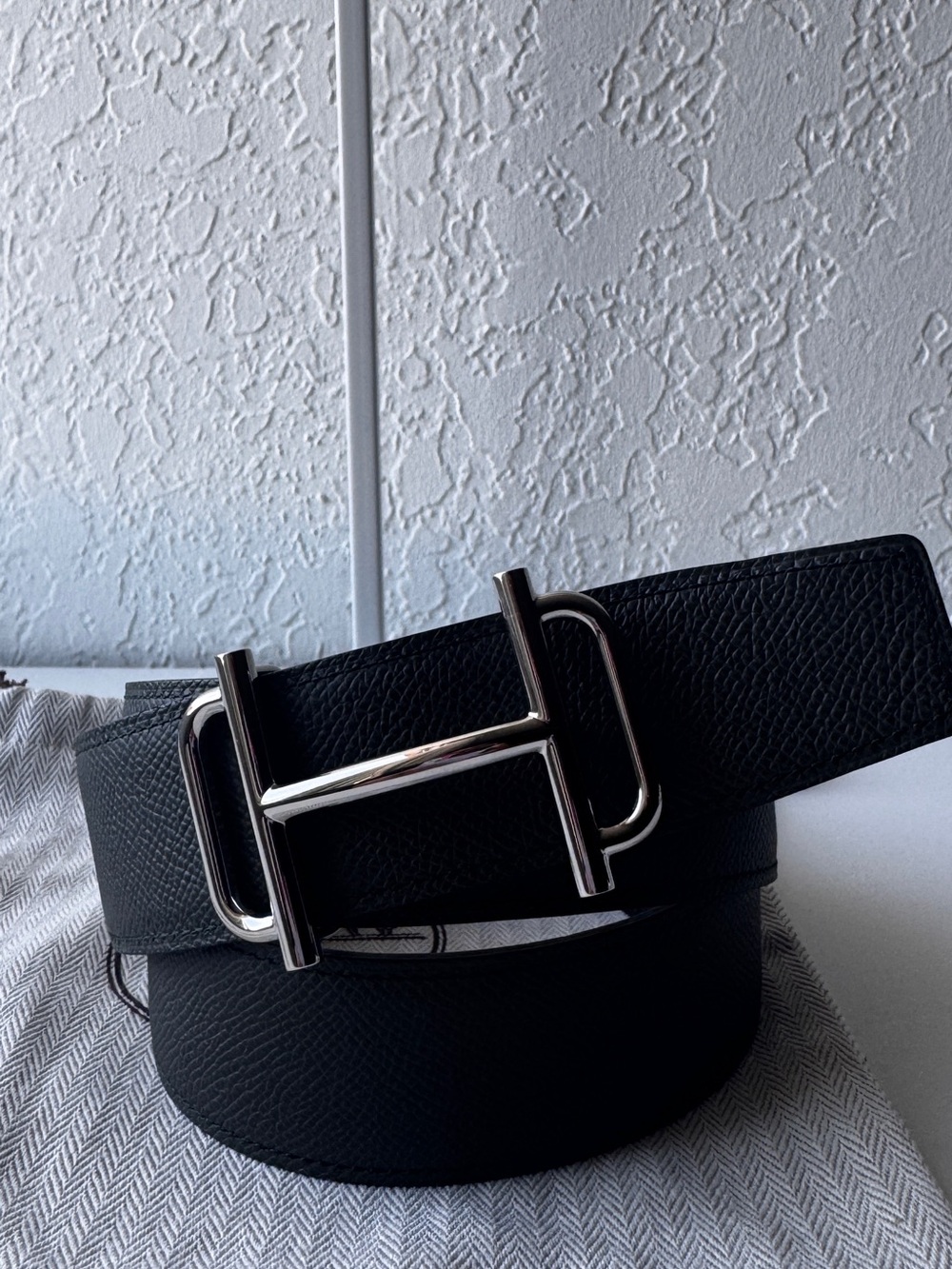 Hermes Men's Navy Leather Belt with Silver 'H' Buckle Size 95